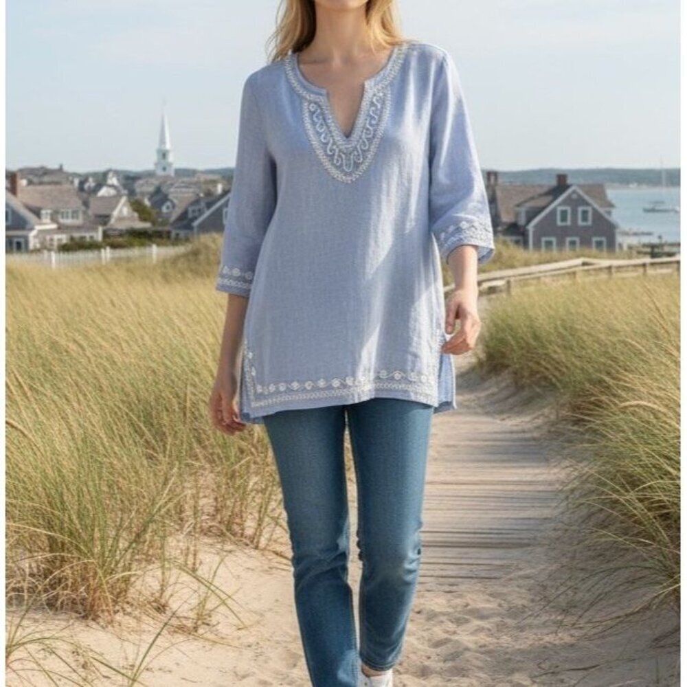 Vineyard Vines Embroidered 100% Linen Chambray Blue V-Neck Womenstop Size Xs